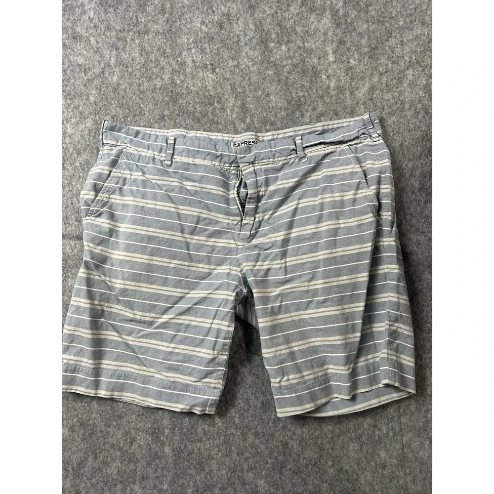Express Shorts Mens 34 Blue White Chino Photographer Striped Cotton Casual